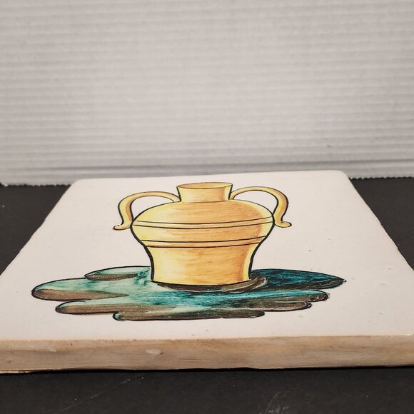 Vintage Kitchen Clay Tile Hand Painted with a Golden Amphora Vase Grazed 8.2" - Picture 4 of 8